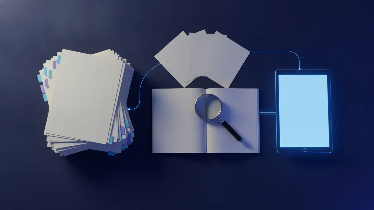 Large document research workflow with grouped pages, notes, and a magnifying glass
