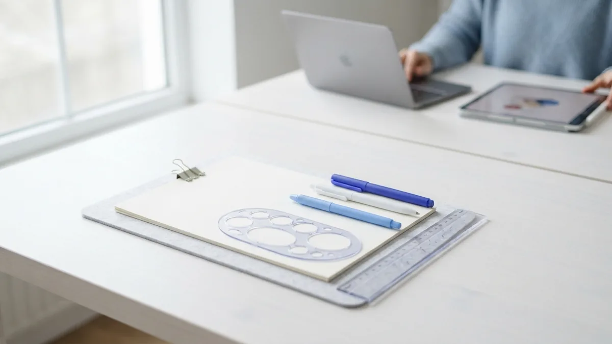 Drawing materials on a clean workspace Pens, ruler, ellipse guide, and blank paper on a bright drawing workspace