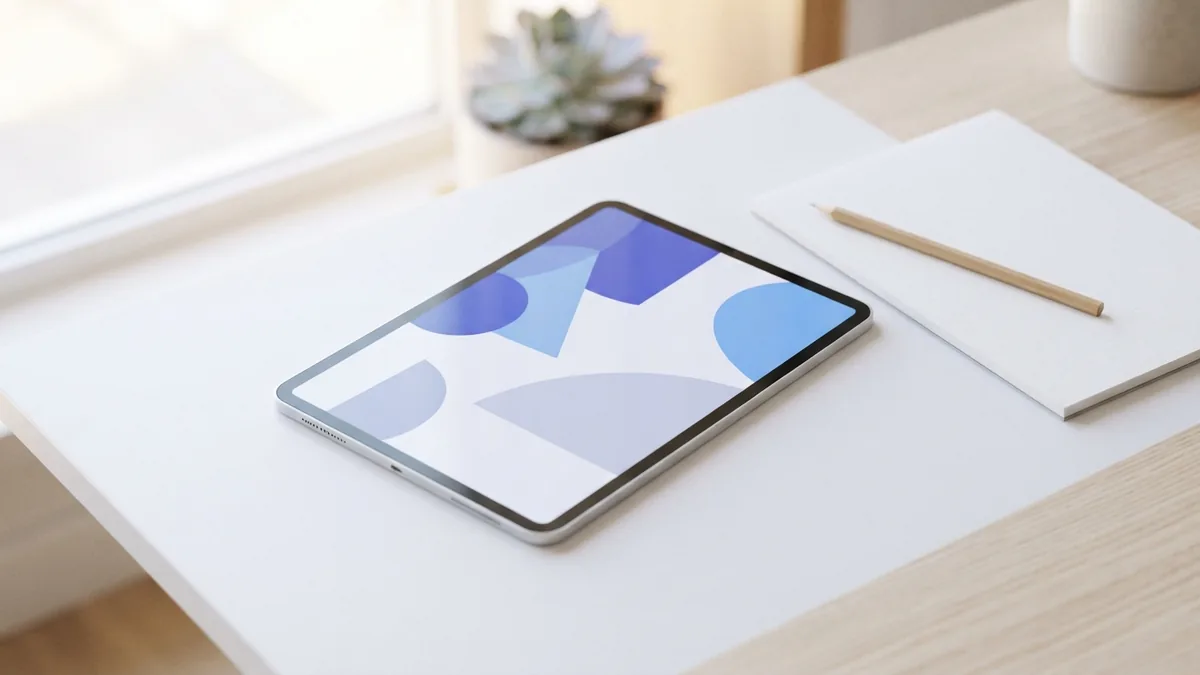 Tablet beside blank paper and pencil in a bright modern learning space