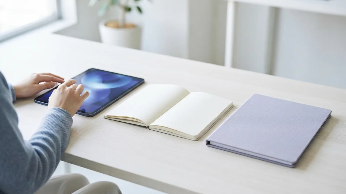 Adding PDF pages to notebook notes Tablet and notebook arranged for adding PDF pages to digital notes