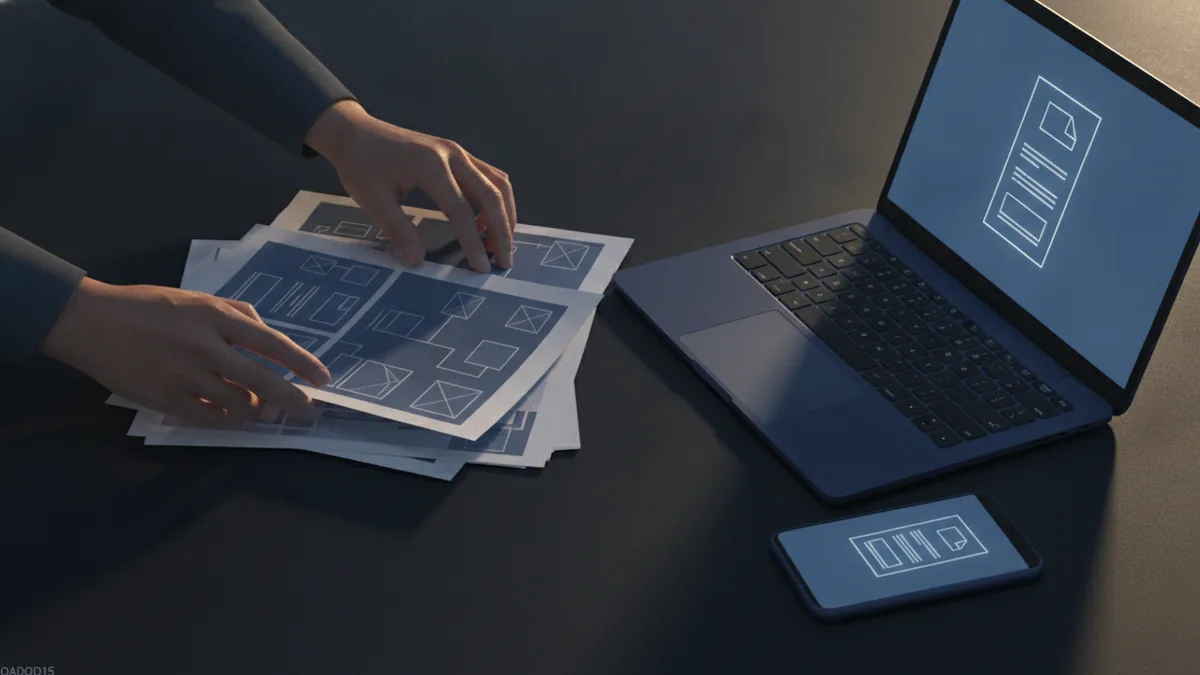 Hands reviewing notes while a shared document stays organized