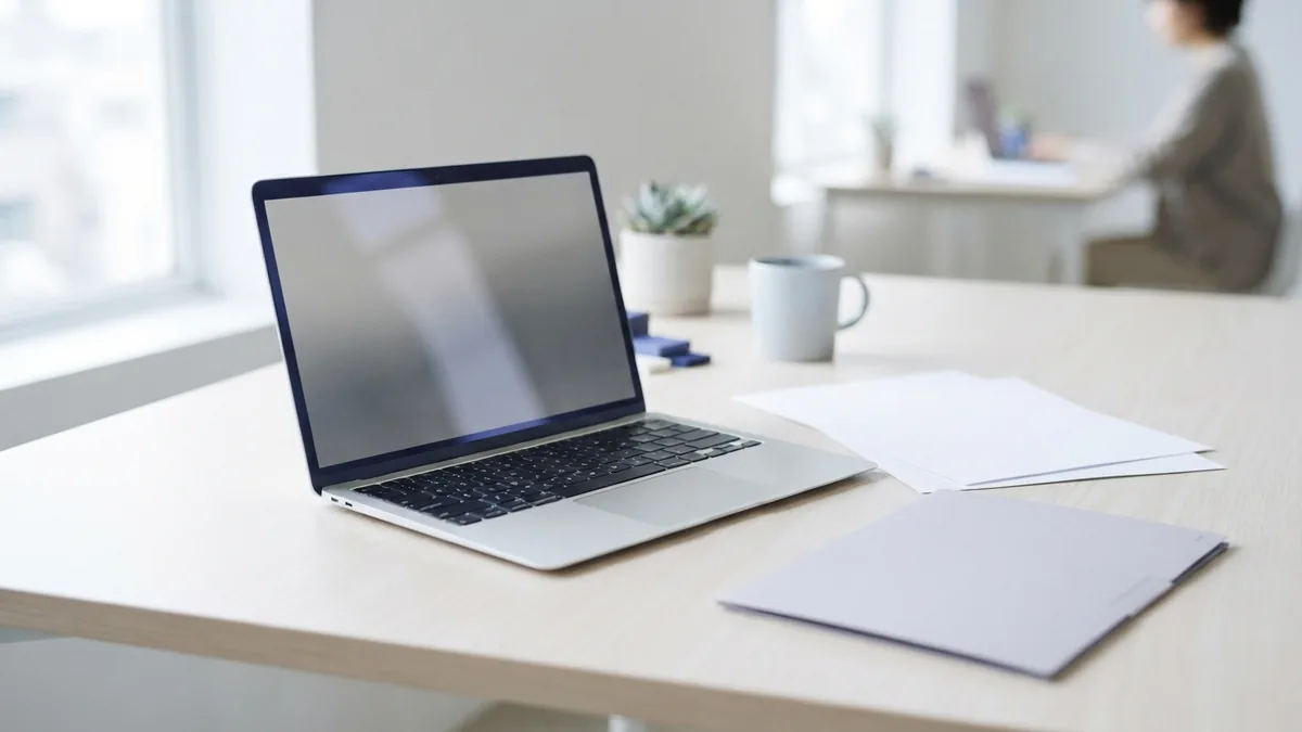 Online JPG to PDF tool setup Laptop and blank documents arranged for online JPG to PDF conversion