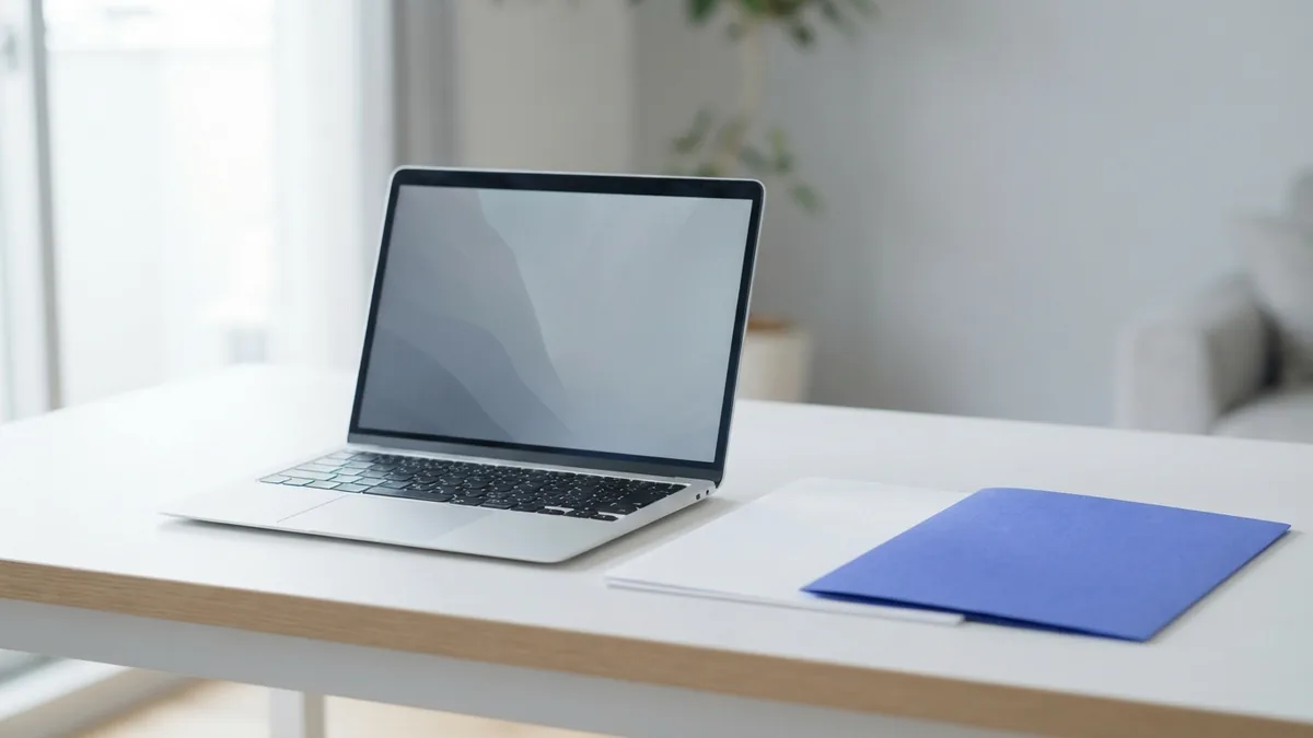 Convert JPG files on a Mac Mac laptop beside blank papers and folder for local PDF conversion