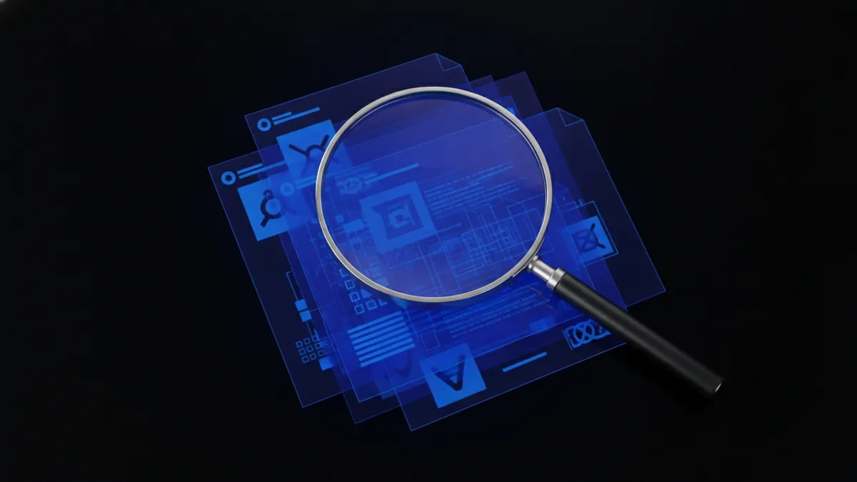 Magnifying glass over layered document thumbnails representing PDF size causes