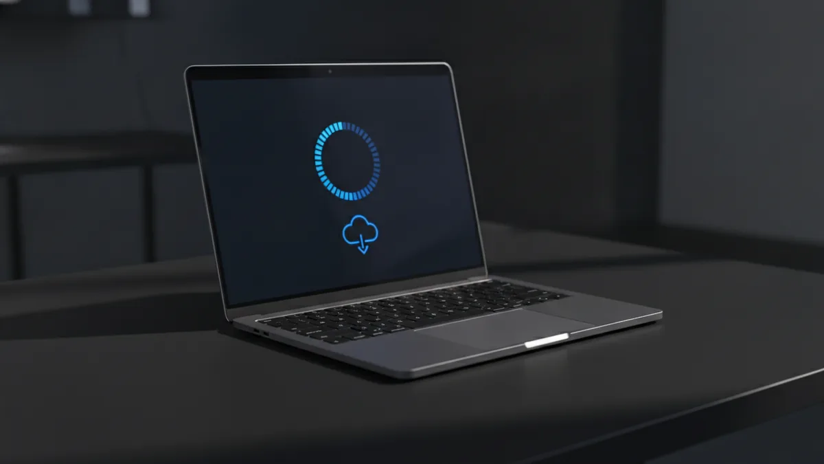 Laptop setup suggesting online PDF compression and downloading a smaller file