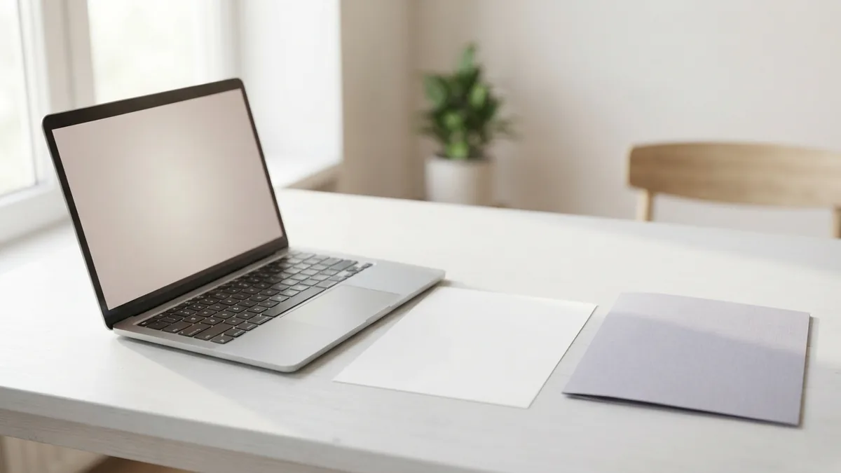 Laptop and blank document on a tidy desk for saving files as PDFs