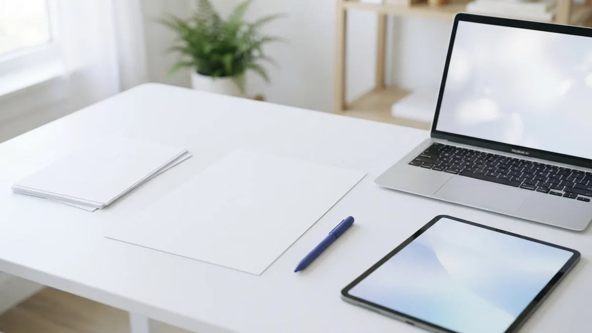 Build a PDF from a blank page Blank sheets beside a laptop and tablet for building a PDF from scratch