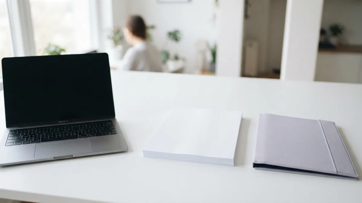Convert documents into PDF files Laptop, blank pages, and folder arranged for converting documents to PDF