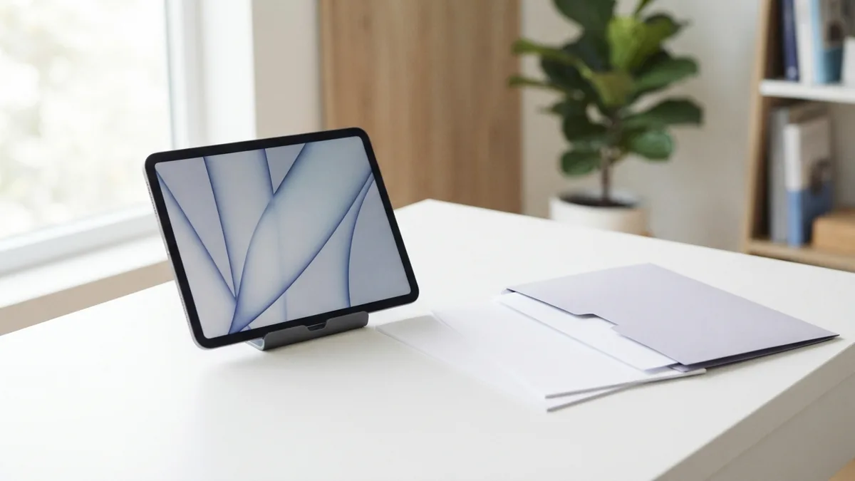 Scan paper documents into PDFs Tablet and blank documents arranged for scanning on a tidy desk
