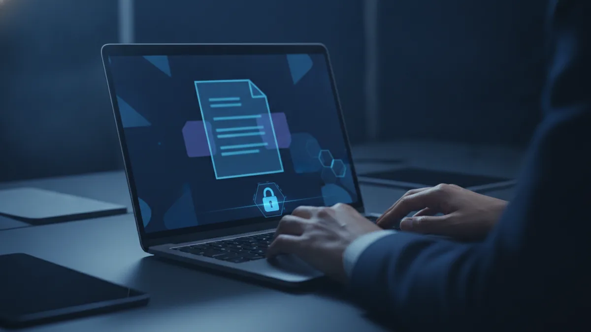 Reviewing a protected document on a laptop with a security lock cue.
