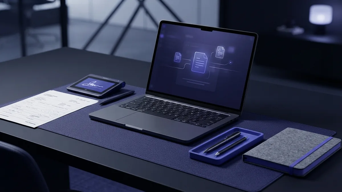 Build clear fillable form fields Completed form beside a laptop and digital signature pad on a bright desk