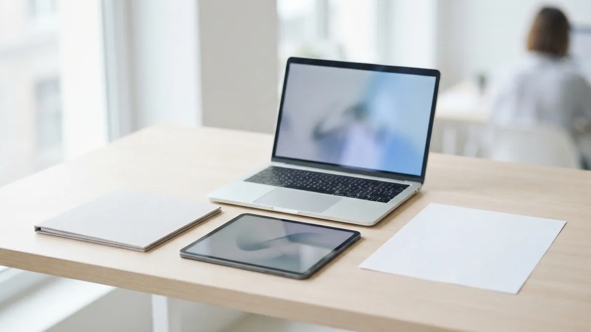 Laptop, tablet, folder, and blank paper for choosing PDF tools