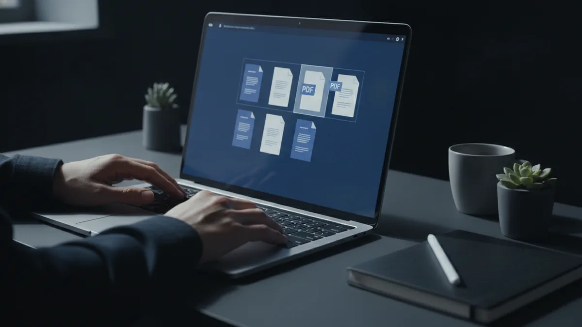 Laptop setup showing a workflow for merging scanned PDFs into one file