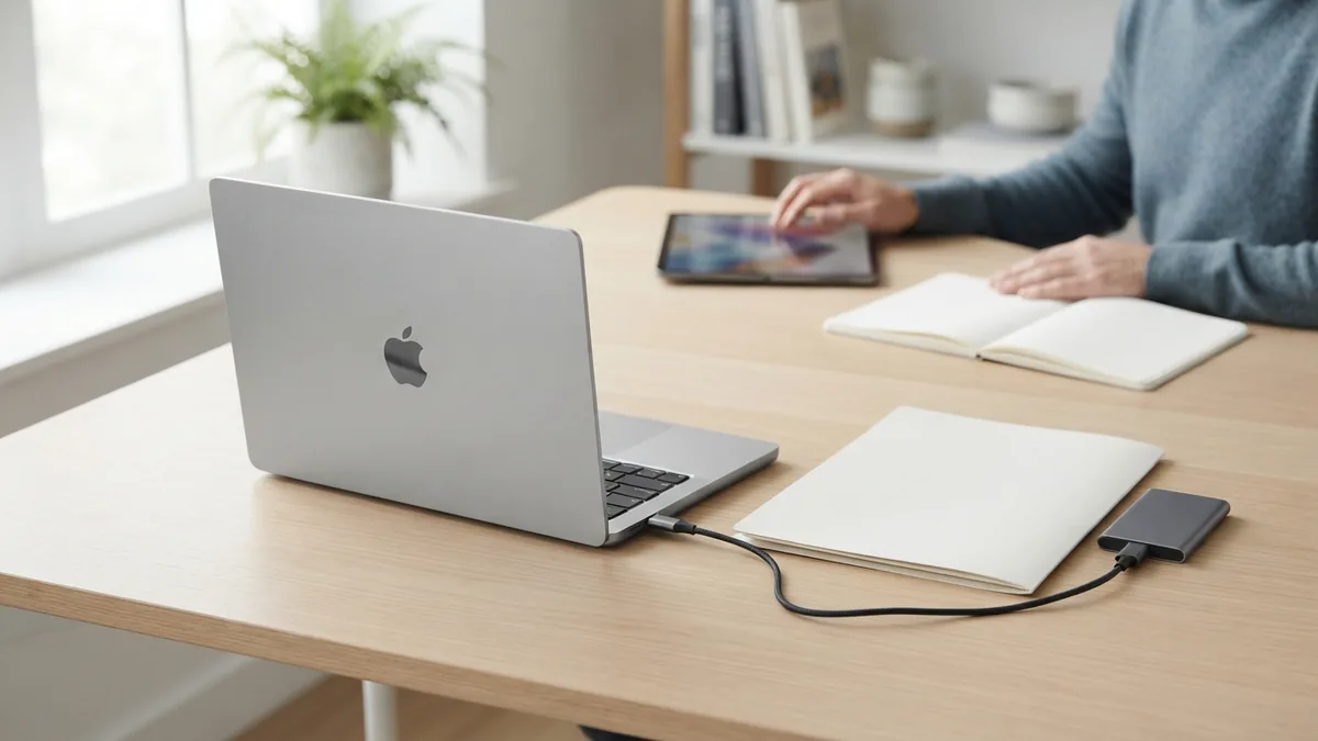 Uploading a PDF file Laptop beside blank file papers and storage drive during PDF upload