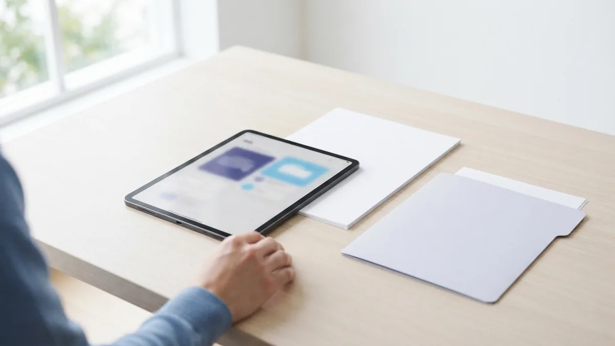 Tablet, blank PDF pages, and folder arranged for adding pages to a document