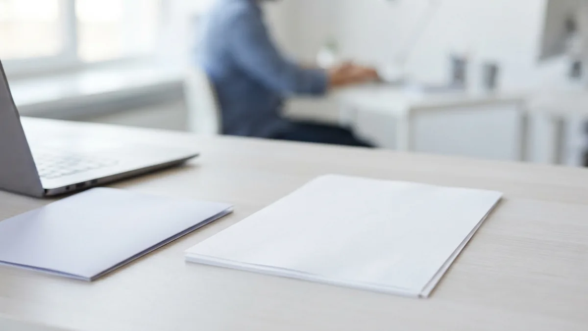 Preparing a PDF page for import Laptop and blank paper sheets arranged for importing a PDF page