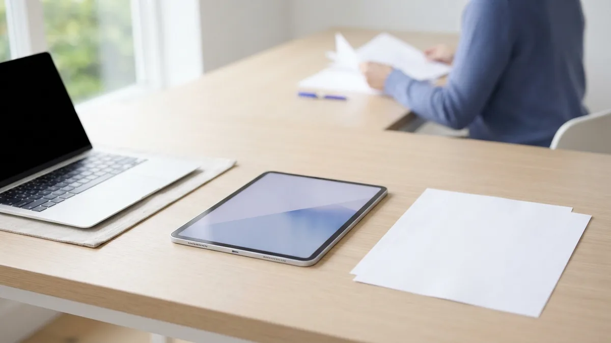 Tablet and blank documents on a bright desk for PDF import settings