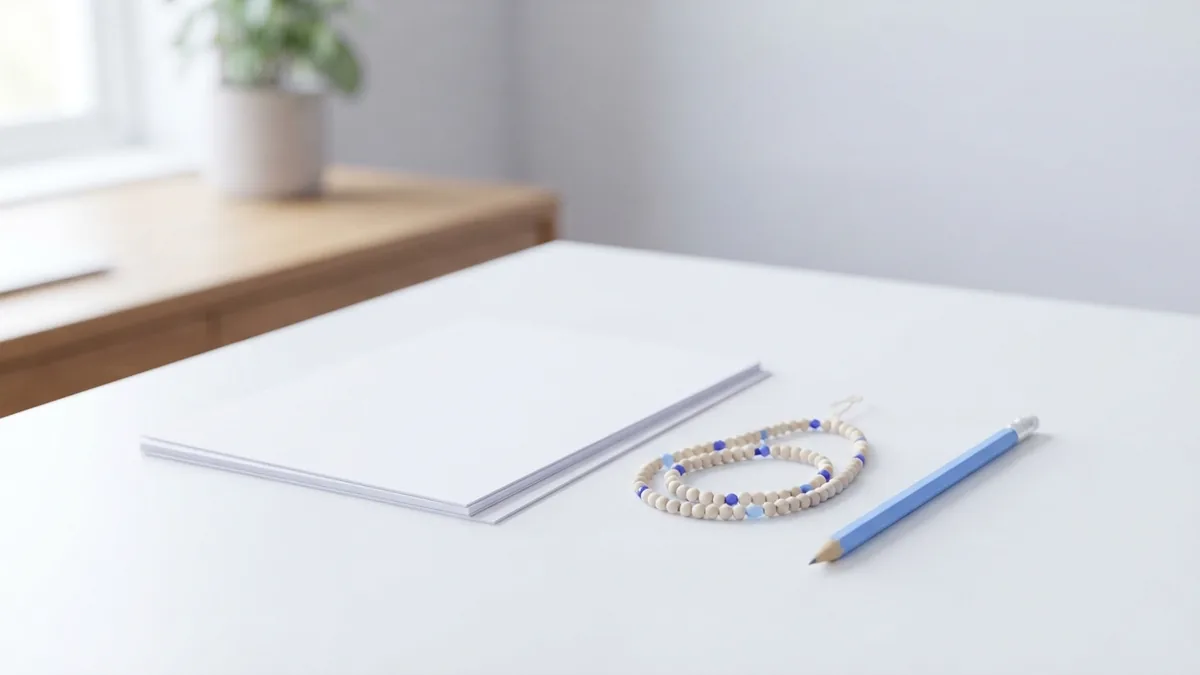 Prayer beads and blank papers arranged to show a simple Rosary sequence