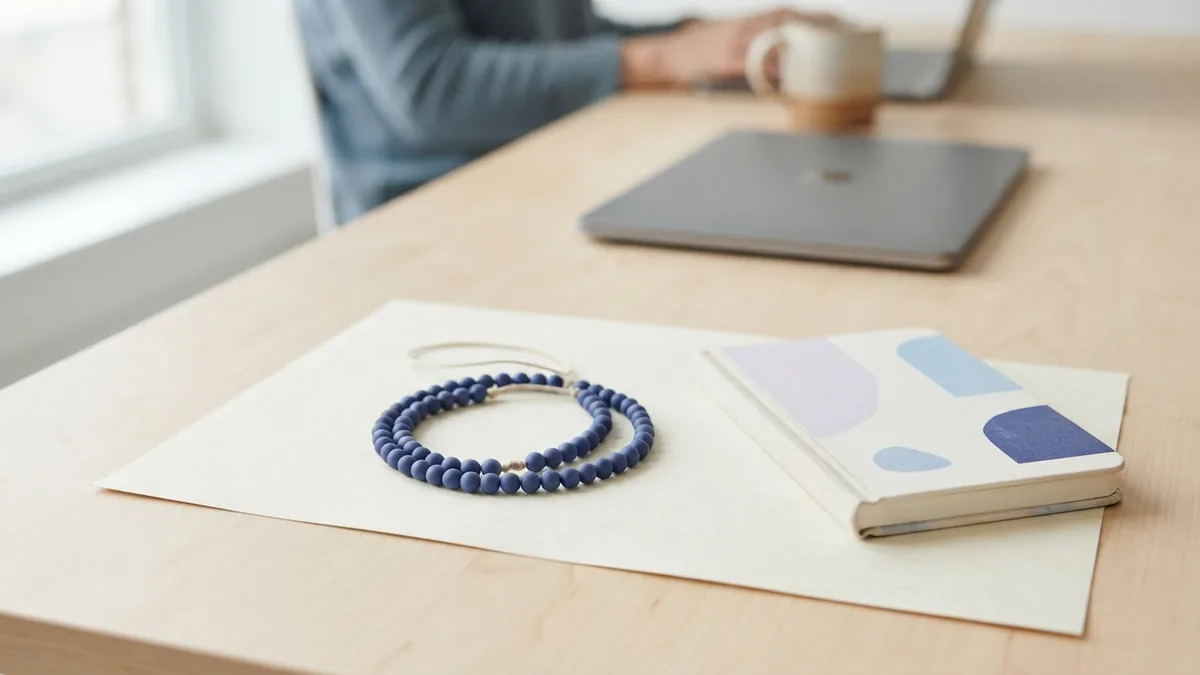 Prayer beads set beside a blank reflection sheet Seven-decade prayer beads beside blank paper for quiet reflection