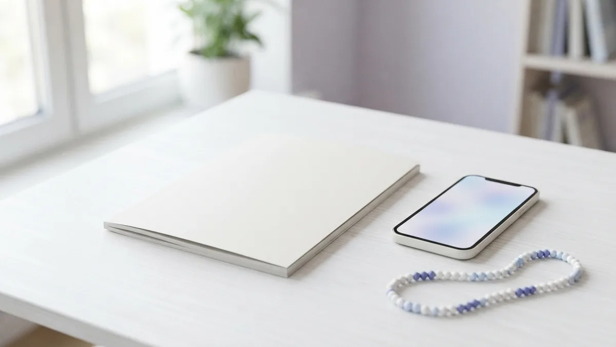 Rosary booklet and phone for easy reference Blank Rosary booklet and beads beside a phone on a bright desk