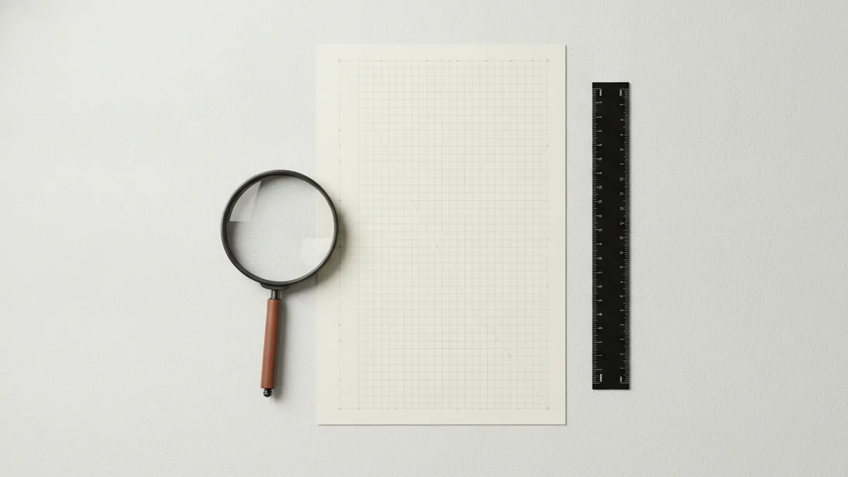 Check paper size and margins Ruler and magnifier beside paper showing layout spacing for readable prints.