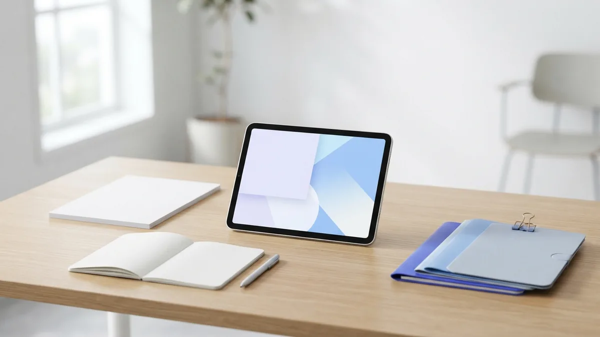 Blank paper sheets and tablet arranged for choosing poster printing tools