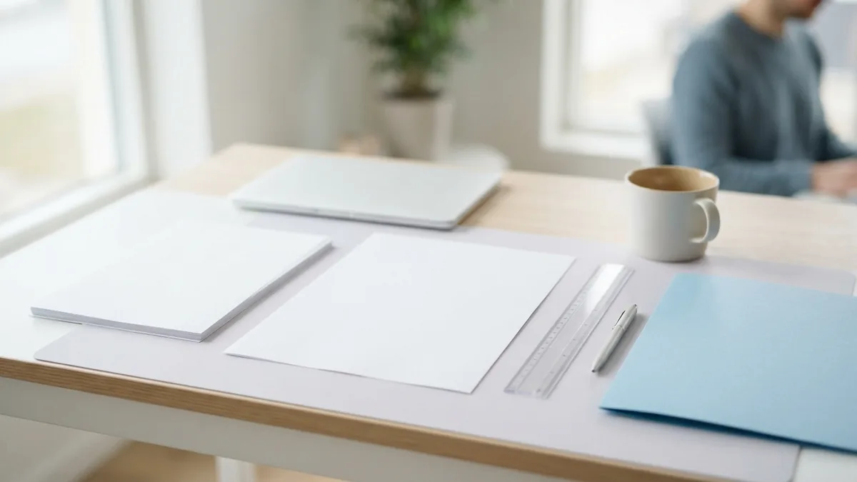Blank paper sheets and ruler used to plan poster size and print scale