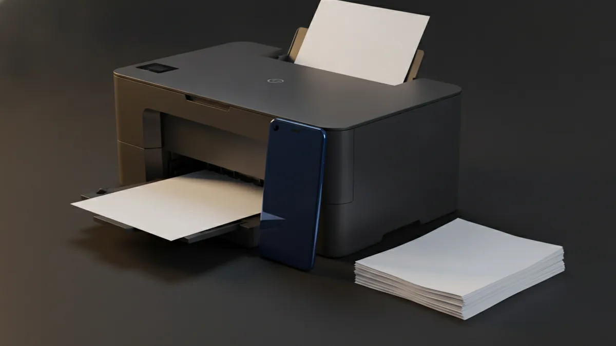 Android phone beside printed PDF pages with printer settings ready
