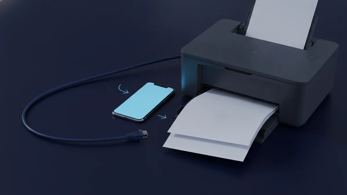 Android phone with printer beside pages showing common print faults