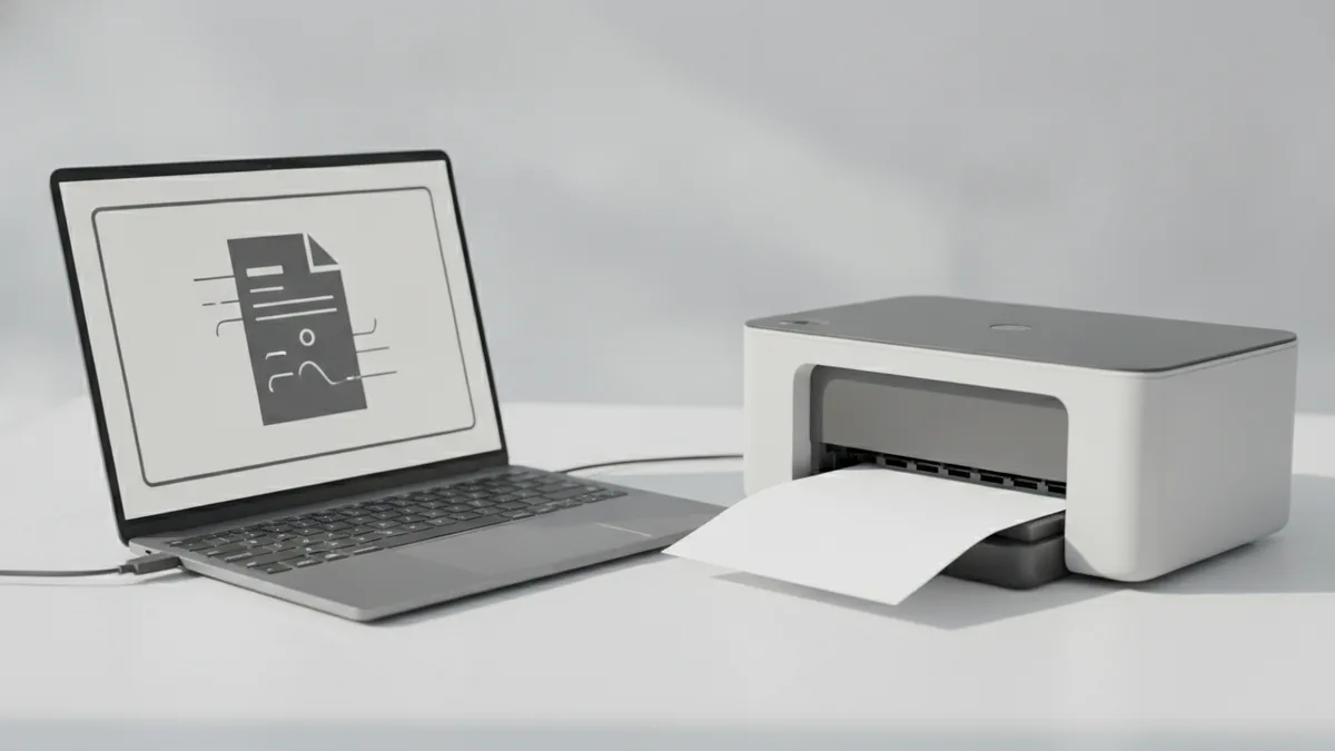 From screen to paper Preparing to print a PDF from a laptop with a printer ready nearby