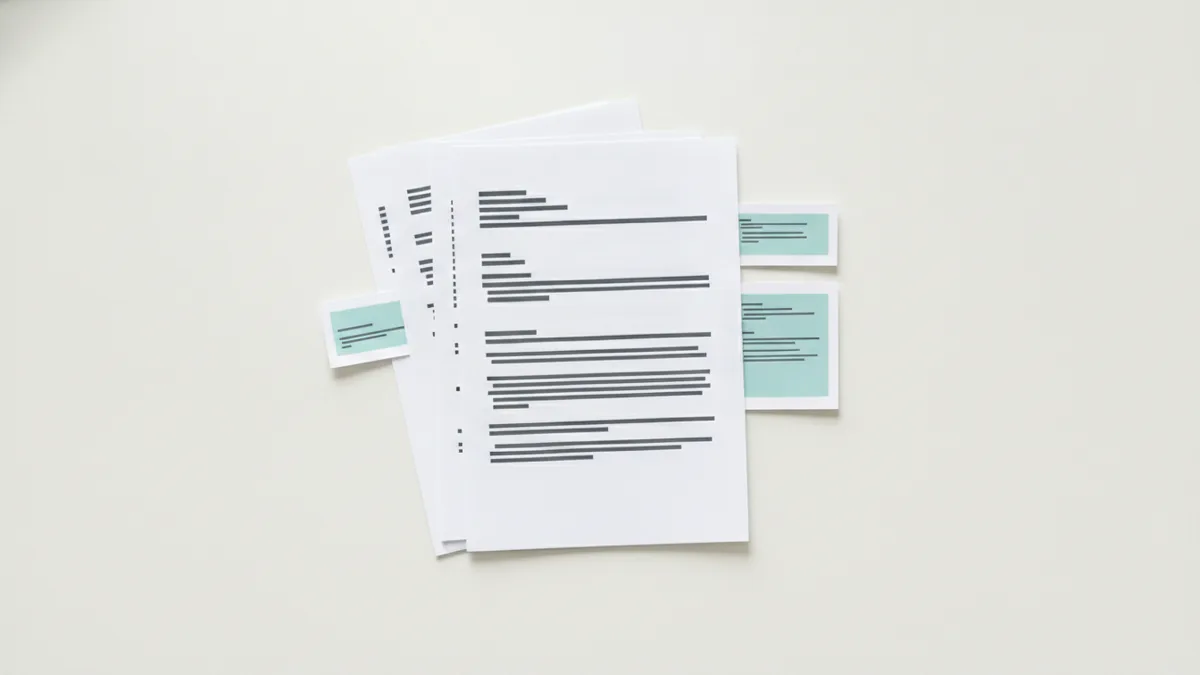 Comment summary output Printed comment summary text paired with the document pages on a table