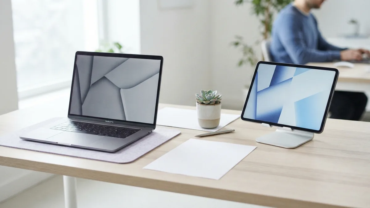 Tablet, laptop, and blank papers representing Google Drive PDF conversion
