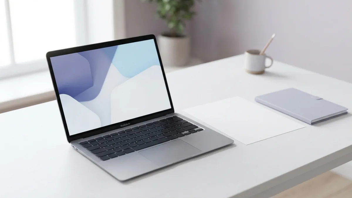Desktop PDF software workspace Laptop and blank printout representing desktop PDF editing software