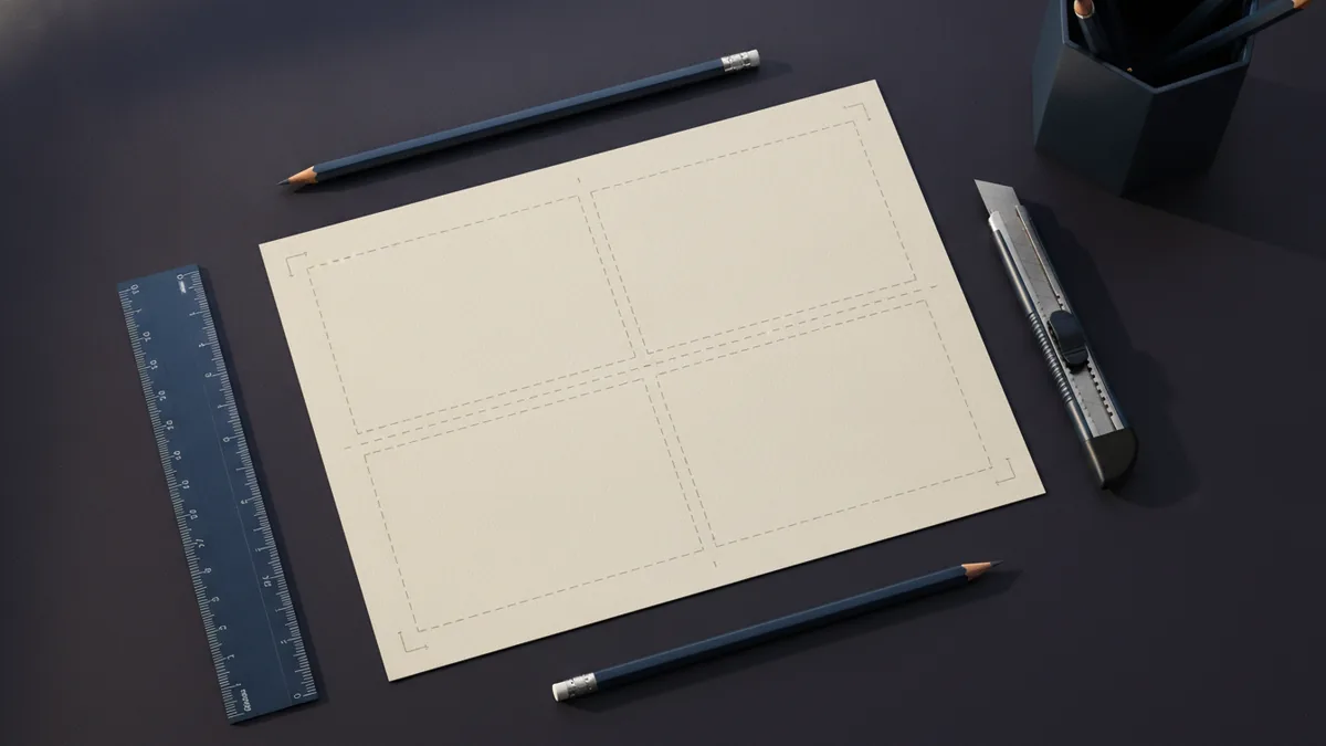 Tools and a layout grid used to plan print-ready business cards