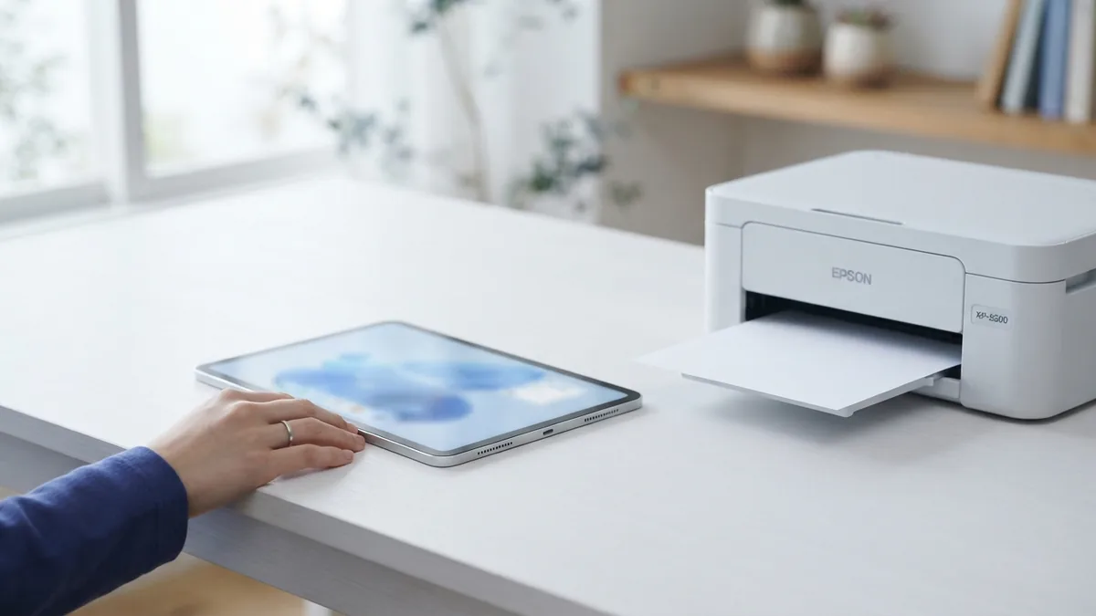 Printing a PDF from an iPad Tablet beside a compact printer and blank paper on a bright desk