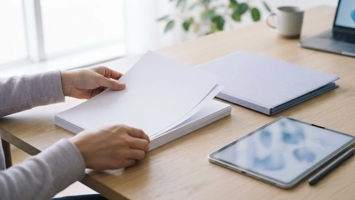 Organizing pages into a clear sequence Blank document sheets arranged into a clear stack beside a folder and tablet