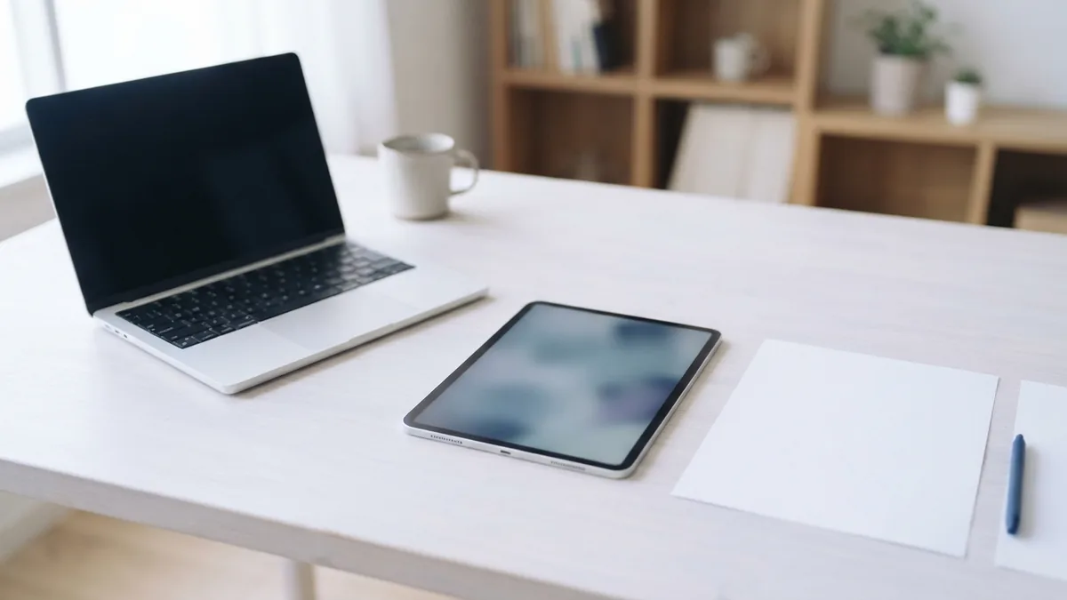 Laptop and tablet beside blank sheets on a bright pale desk surface