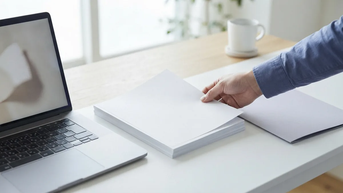 Moving pages into the right order Hand arranging blank pages beside a laptop and folder in a tidy workspace