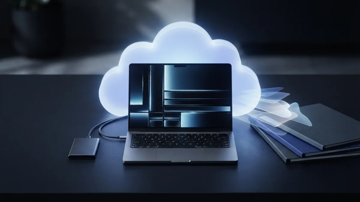 Cloud PDF backup system Cloud storage backup concept with laptop, drive, and secure document folders