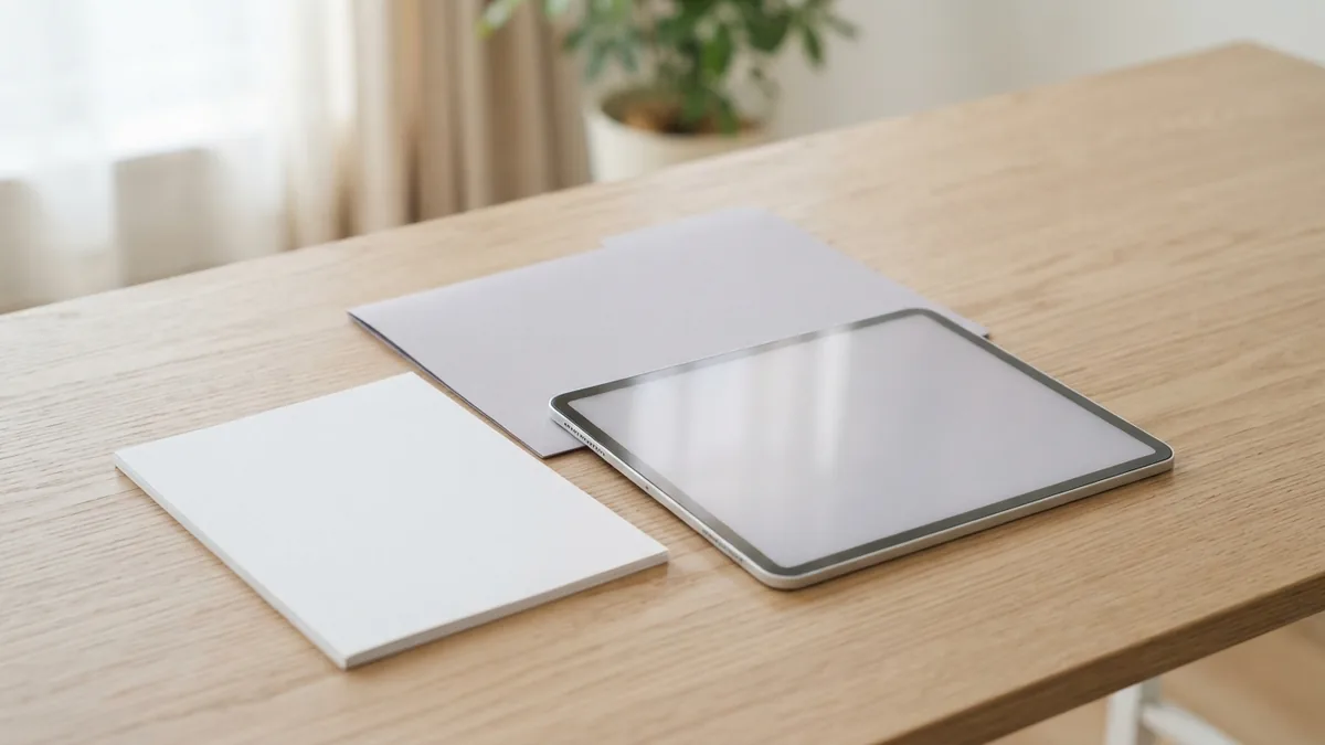 Tablet and papers arranged neatly for removing private PDF images