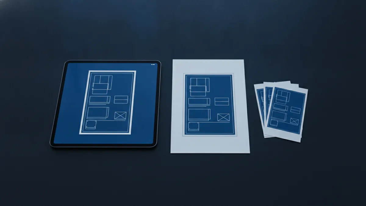 Paper and photo prints arranged to show fixed PDF page layout