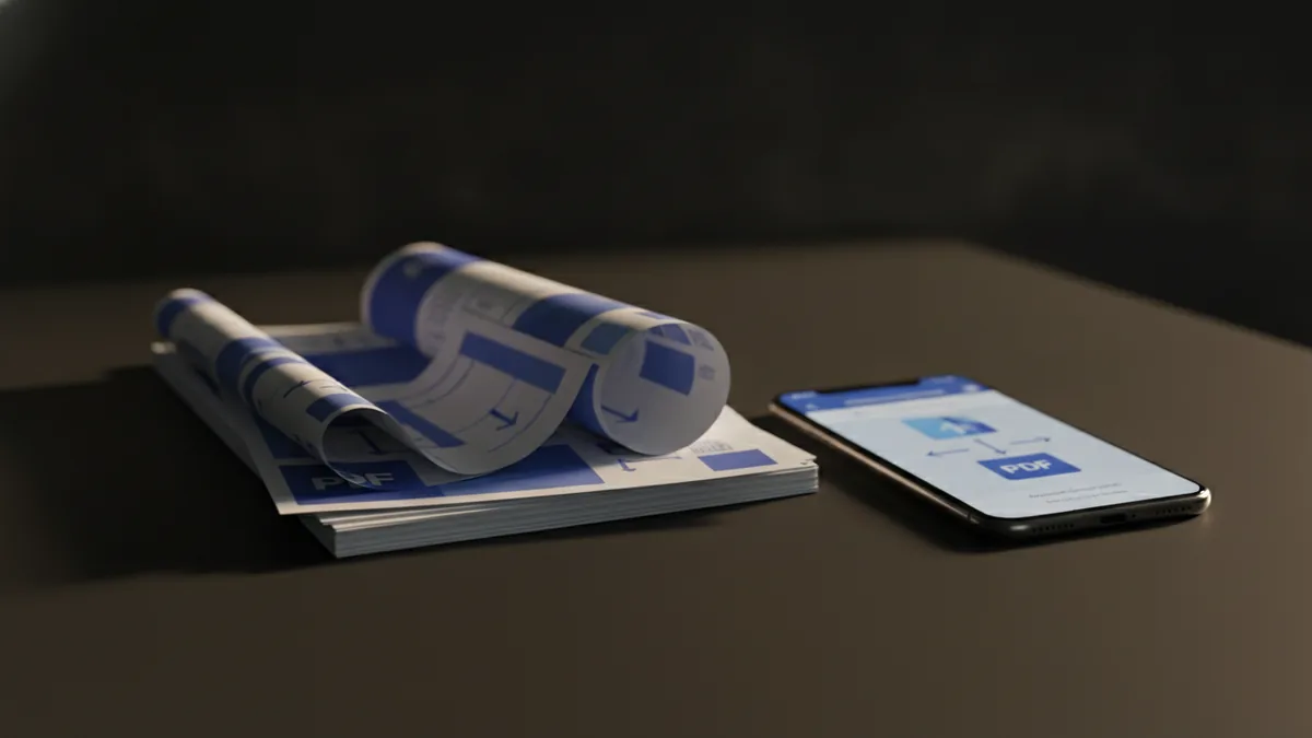 Printed document pages on a desk beside a phone showing a webpage preview.