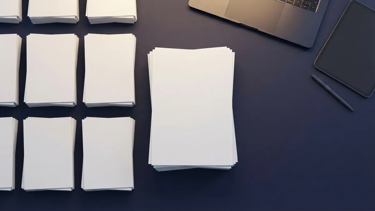 Multiple PDF pages grouped into separate files beside a final document stack