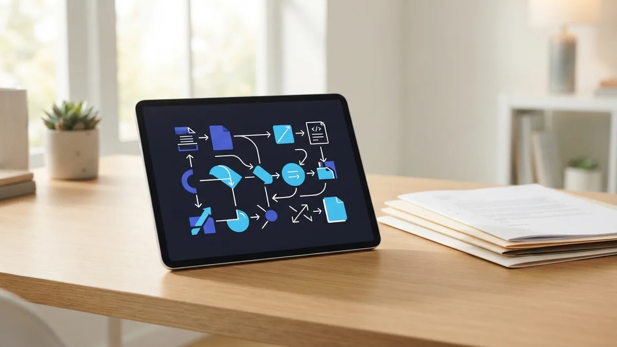 Organize exported PDF files Tablet beside neatly arranged folders and a finished PDF document
