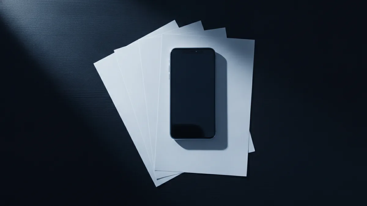 Mobile phone and paper pages arranged for scanning with even desk lighting