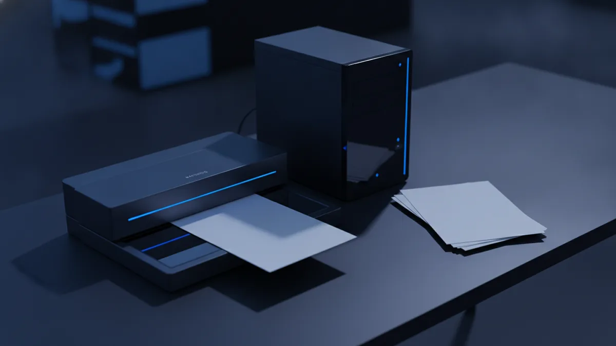 Scan documents with a desktop scanner Flatbed scanner and paper documents arranged for saving files on Windows