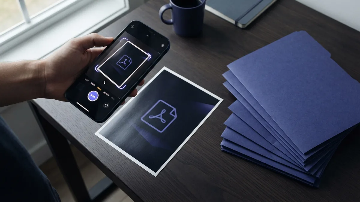iPhone scanning a photo beside a tidy folder of saved documents