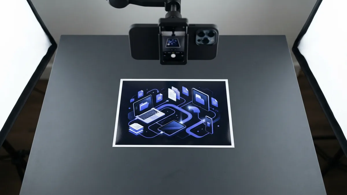 Use good light for a clear scan Bright flat workspace showing a photo ready for a clear iPhone scan