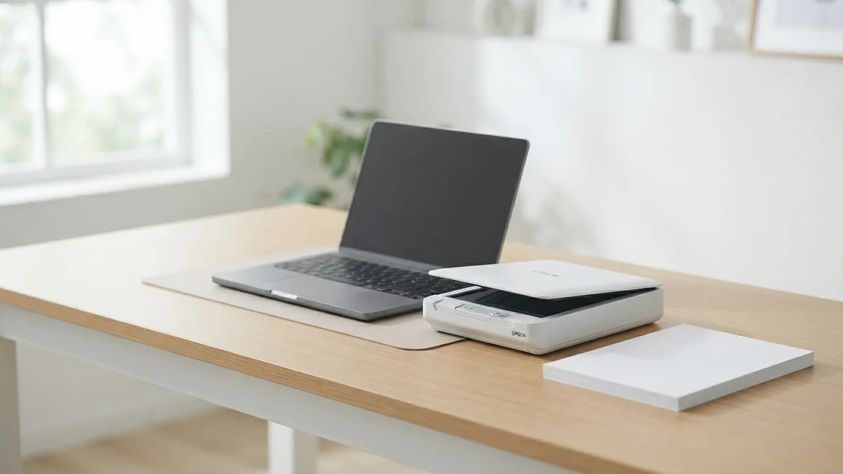 Laptop and scanner for multi-page scanning Laptop and flatbed scanner arranged for scanning several pages into one PDF