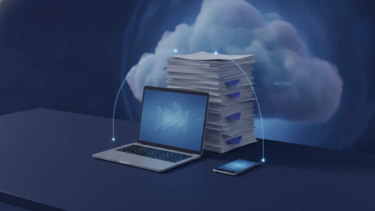 Smartphone and laptop setup suggesting cloud storage for scanned PDFs